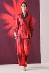 Buy_Mehak Talreja Couturre_Red Crepe Floral V Neck Printed Kimono Top And Pant Set _at_Aza_Fashions