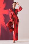 Shop_Mehak Talreja Couturre_Red Crepe Floral V Neck Printed Kimono Top And Pant Set _at_Aza_Fashions