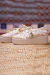 Buy_Tiesta_Gold Embroidered Sneaker Platform Wedges _at_Aza_Fashions