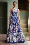 Rahul Mishra_Blue Silk Organza Lining Viscose Embroidery Leaf Neck Gown _Online_at_Aza_Fashions