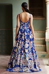 Shop_Rahul Mishra_Blue Silk Organza Lining Viscose Embroidery Leaf Neck Gown _at_Aza_Fashions