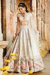 Shop_MATSYA_Ivory Silk Embroidered Gota Plunge V Neck Rambagh Suchhi Lehenga Set _at_Aza_Fashions