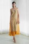 Buy_Mandira Wirk_Yellow Chanderi Embroidery V Neck Printed Layered Dress _at_Aza_Fashions