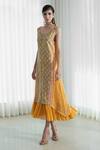 Shop_Mandira Wirk_Yellow Chanderi Embroidery V Neck Printed Layered Dress _Online_at_Aza_Fashions