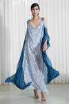 Buy_Mandira Wirk_Blue Kaftan Chiffon Slip Voile Embroidery V Neck Cold Shoulder Printed _at_Aza_Fashions