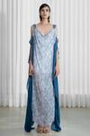 Mandira Wirk_Blue Kaftan Chiffon Slip Voile Embroidery V Neck Cold Shoulder Printed _Online_at_Aza_Fashions