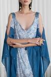 Buy_Mandira Wirk_Blue Kaftan Chiffon Slip Voile Embroidery V Neck Cold Shoulder Printed _Online_at_Aza_Fashions