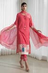 Buy_Mandira Wirk_Pink Kurta And Dupatta Mul Mul Pants Organic Cotton Embroidery V Neck Set _at_Aza_Fashions