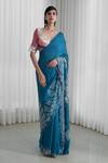 MANDIRA WIRK - Indian_Blue Saree Chiffon Blouse Embroidery V Neck With _Online_at_Aza_Fashions