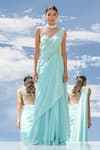 Buy_Mandira Wirk_Blue Chiffon Boat Pre-draped Saree Gown_at_Aza_Fashions