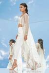 Shop_Mandira Wirk - Indian_White Organza, Georgette Satin V Neck Jacket And Pant Set _Online_at_Aza_Fashions