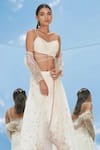 Mandira Wirk_White Organza V Neck Jacket And Draped Skirt Set _Online_at_Aza_Fashions