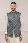 Buy Tarun Tahiliani Blue Raw Silk Embroidered Nehru Jacket Online | Aza ...