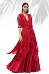 Mandira Wirk_Red Crepe Embroidery V Neck Asymmetric Tunic And Skirt Set _Online_at_Aza_Fashions