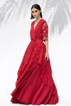 Buy_Mandira Wirk_Red Crepe Embroidery V Neck Asymmetric Tunic And Skirt Set _Online_at_Aza_Fashions