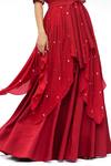 Mandira Wirk_Red Crepe Embroidery V Neck Asymmetric Tunic And Skirt Set _at_Aza_Fashions