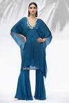 Buy_Mandira Wirk - Indian_Blue Georgette, Satin V Neck Kaftan Tunic And Gharara Set_at_Aza_Fashions