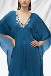 Shop_Mandira Wirk - Indian_Blue Georgette, Satin V Neck Kaftan Tunic And Gharara Set_Online_at_Aza_Fashions