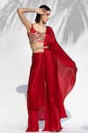 Buy_Mandira Wirk_Red Satin Georgette Embellished V Neck Pre-draped Pant Saree With Blouse _at_Aza_Fashions