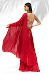 Shop_Mandira Wirk_Red Satin Georgette Embellished V Neck Pre-draped Pant Saree With Blouse _at_Aza_Fashions