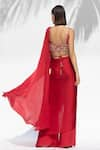 Buy_Mandira Wirk_Red Satin Georgette Embellished V Neck Pre-draped Pant Saree With Blouse _Online_at_Aza_Fashions