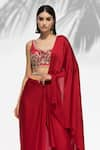 Shop_Mandira Wirk_Red Satin Georgette Embellished V Neck Pre-draped Pant Saree With Blouse _Online_at_Aza_Fashions