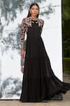 Mandira Wirk_Black Chiffon Band Collar Embroidered Tiered Dress_Online_at_Aza_Fashions