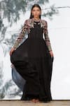 Buy_Mandira Wirk_Black Chiffon Band Collar Embroidered Tiered Dress_Online_at_Aza_Fashions