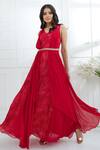 Buy_Mandira Wirk - Indian_Red Chiffon V Neck Printed Dress _at_Aza_Fashions