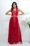 Mandira Wirk - Indian_Red Chiffon V Neck Printed Dress _Online_at_Aza_Fashions