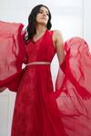 Shop_Mandira Wirk - Indian_Red Chiffon V Neck Printed Dress _Online_at_Aza_Fashions