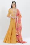 Shop_Mandira Wirk - Indian_Yellow Chanderi, Lycra Leaf Neck Anarkali Set _Online_at_Aza_Fashions