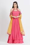 Shop Mandira Wirk - Indian Pink Chanderi, Lycra Halter Cold Shoulder Layered Anarkali Set Online at Aza Fashions Shop_Mandira Wirk - Indian_Pink Chanderi, Lycra Halter Cold Shoulder Layered Anarkali Set _Online_at_Aza_Fashions