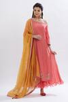 Shop Mandira Wirk - Indian Peach Cotton Lurex Asymmetric Off Shoulder Layered Kurta With Dupatta Online at Aza Fashions Shop_Mandira Wirk - Indian_Peach Cotton Lurex Asymmetric Off Shoulder Layered Kurta With Dupatta _Online_at_Aza_Fashions