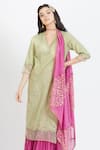 Shop_Mandira Wirk - Indian_Green Tissue V Neck Embroidered Kurta Sharara Set _Online_at_Aza_Fashions