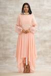 Mandira Wirk_Peach Crepe Embroidered Tunic And Pant Set _Online_at_Aza_Fashions