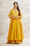 Mandira Wirk - Indian_Yellow Chanderi Foil Print Anarkali Set _Online_at_Aza_Fashions