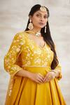 Shop_Mandira Wirk - Indian_Yellow Chanderi Foil Print Anarkali Set _Online_at_Aza_Fashions