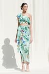 Buy_Mandira Wirk_Green Crepe Satin One Shoulder Printed Crop Top And Skirt Set _Online_at_Aza_Fashions