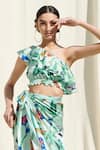 Shop_Mandira Wirk_Green Crepe Satin One Shoulder Printed Crop Top And Skirt Set _Online_at_Aza_Fashions