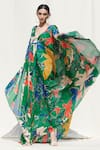 Mandira Wirk Resort_Green Crinkled Chiffon Slip Lycra Net Floral Print Kaftan _Online_at_Aza_Fashions