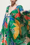 Mandira Wirk Resort_Green Crinkled Chiffon Slip Lycra Net Floral Print Kaftan _at_Aza_Fashions