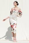 Buy_Mandira Wirk_White Crepe Satin Printed Cold Shoulder Midi Dress _at_Aza_Fashions