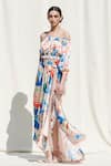 Mandira Wirk_Multi Color Crepe Satin Off Shoulder Printed Crop Top And Skirt Set _Online_at_Aza_Fashions