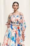 Buy_Mandira Wirk_Multi Color Crepe Satin Off Shoulder Printed Crop Top And Skirt Set _Online_at_Aza_Fashions