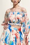 Shop_Mandira Wirk_Multi Color Crepe Satin Off Shoulder Printed Crop Top And Skirt Set _Online_at_Aza_Fashions