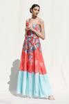 Mandira Wirk Resort_Red Crepe Satin Printed Slit Dress _Online_at_Aza_Fashions