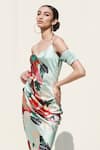 Buy_Mandira Wirk_Green Crepe Satin Printed Cold Shoulder Slip Dress _Online_at_Aza_Fashions