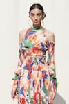 Mandira Wirk_Multi Color Crinkled Chiffon Cold Shoulder Printed Crop Top And Skirt Set _at_Aza_Fashions