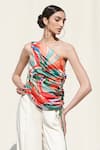 Buy_Mandira Wirk_Multi Color Crepe Satin One Shoulder Draped Top And Pant Set _Online_at_Aza_Fashions